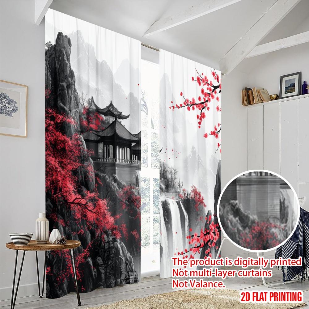 2pcs,2D Plane Printing Print Curtains Cherry Blossom Fortress Polyester (without Rod) Decorations Outdoor Ldeal for Bedroom,