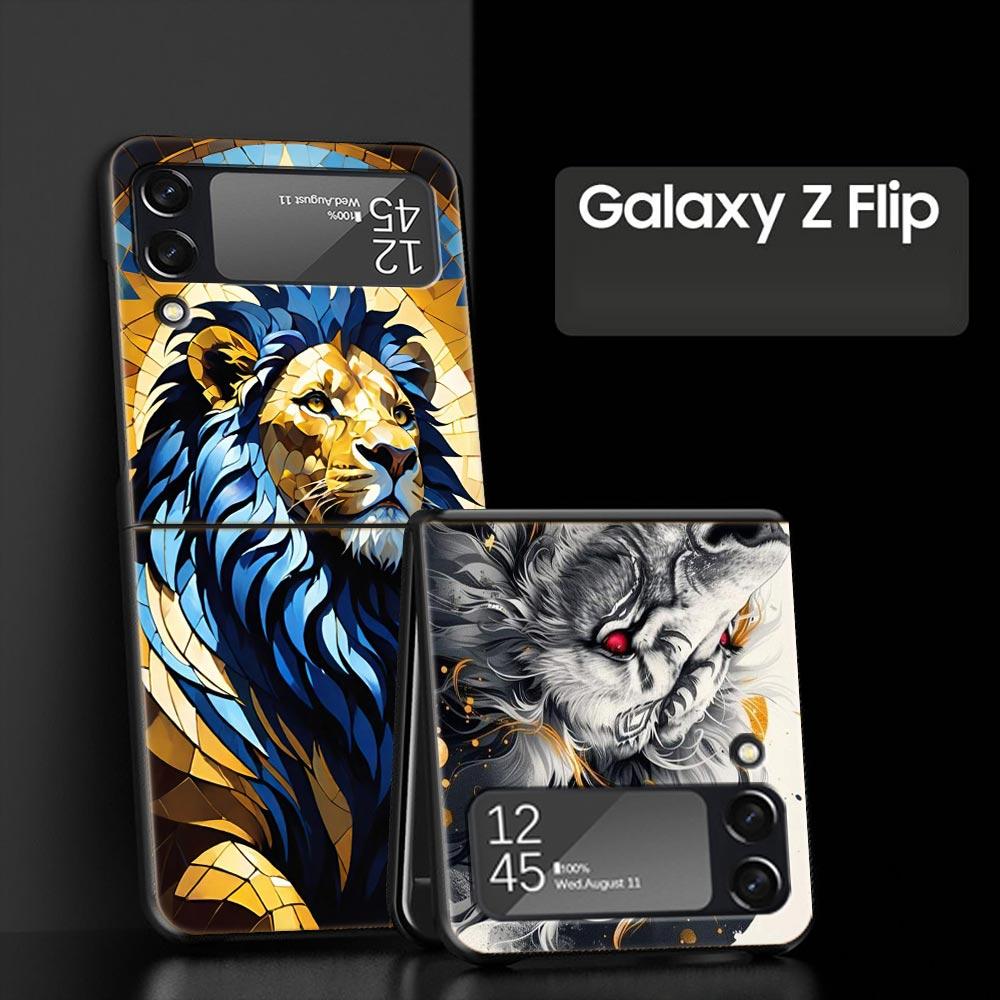 Cross Pattern Bicolor Lion Hard PC Phone Case For Samsung Galaxy Z Flip 7 6 5 4 Black Cover For Galaxy Z Flip 3 Foldable Shell
