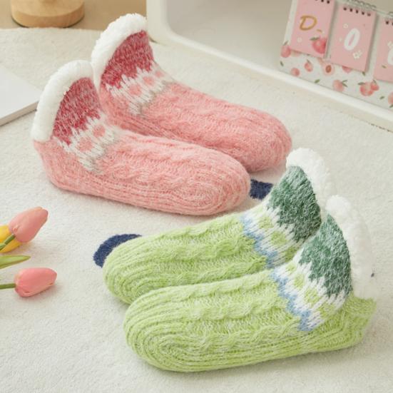Knitted Slipper Socks Fluffy Winter Ankle Socks with Grips Non Indoor Warm Socks Slip Low Cut