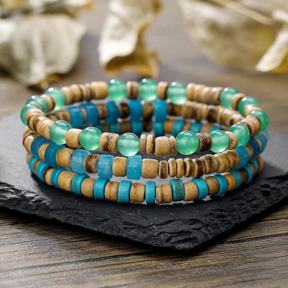 New Natural Coconut Husk Wood Beads Bracelet For Men Handmade Onyx Volcanic Rock Stone Beaded Leisure Accessories