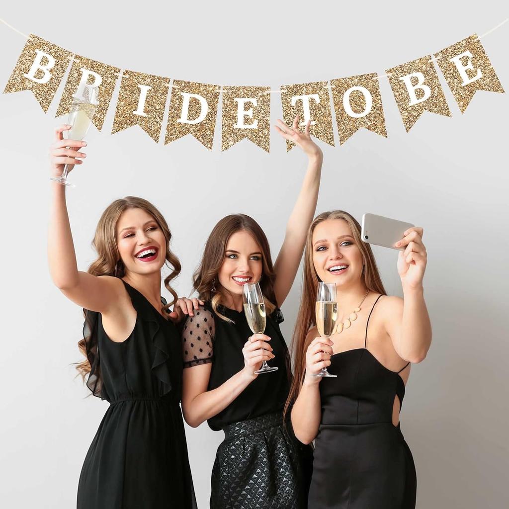 Pre-Strung Bride To Be Banner - No DIY - Gold Glitter Bachelorette Bridal Party Banner - Pre-Strung Garland On 8 Ft Strand - Gold Bachelorette Bridal