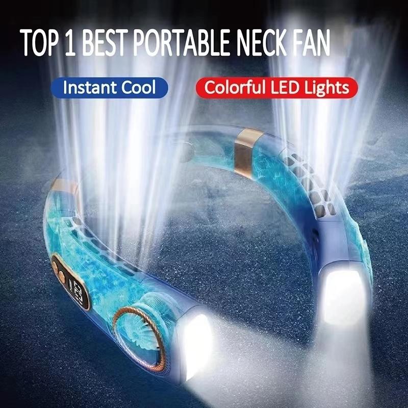 New Portable Bladeless Hanging Neck Fan with LED Digital Display Ice Ceramic Cooling Colorful Light