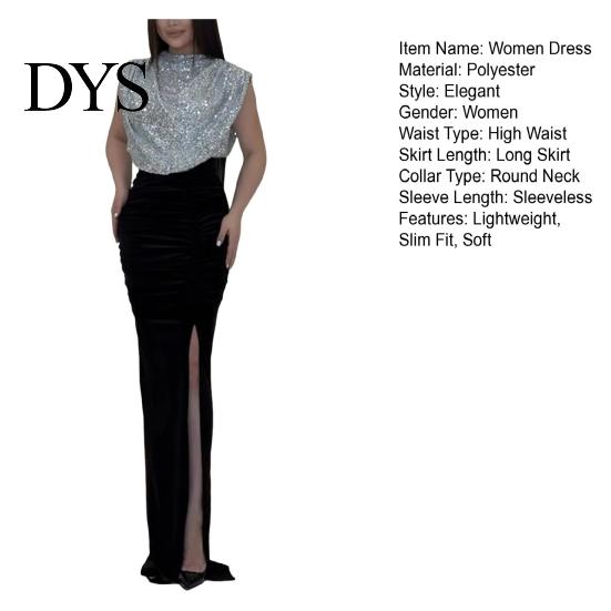 Bodycon Sequin Dress Women Glitter Round Neck Sleeveless High Waist Lady Elegant Sequins Split Long Evening Party Gown Chic Cocktail