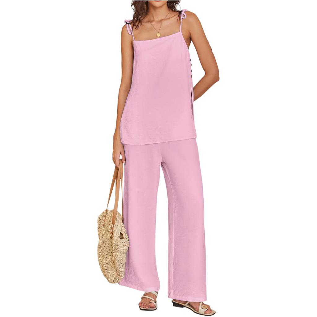 Women's Casual Summer Cotton And Linen Fashion Thin Shoulder Strap Vest Pants Set