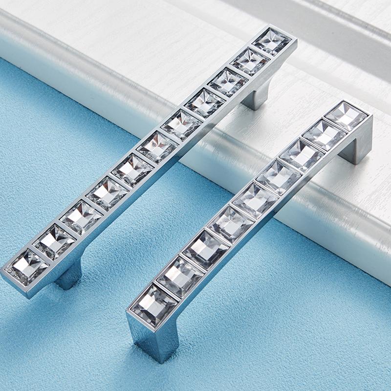 Modern Crystal Glass Knobs Cabinet Handles Silver Crystal Cupboard Pulls Drawer Knobs Kitchen Furniture Handle Hardware