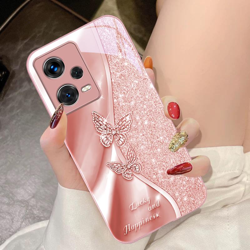 Golden Butterfly For Xiaomi 14 Ultra 13 Lite Redmi Note 13 11 Pro 12 Plus Poco X6 3 Pro F4 6 GT Tempered Glass Phone Case