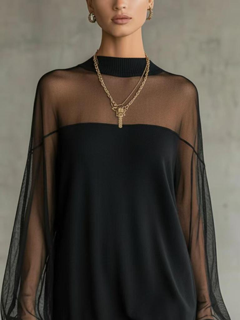 European Mesh Patchwork Sheer Long Sleeve Pullover Dress