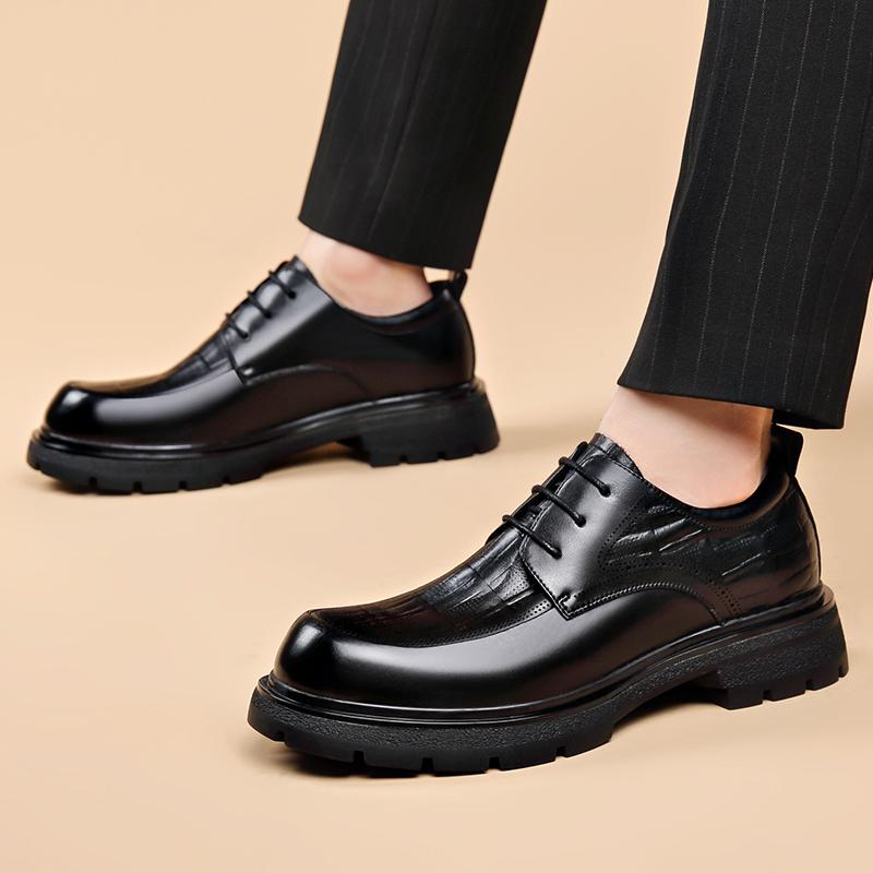 Thick Bottom Mens Dress Shoes Pointed Toe Men's Business Casual Shoes Brand Leather Walking Footwear Lace-Up Men's Shoes