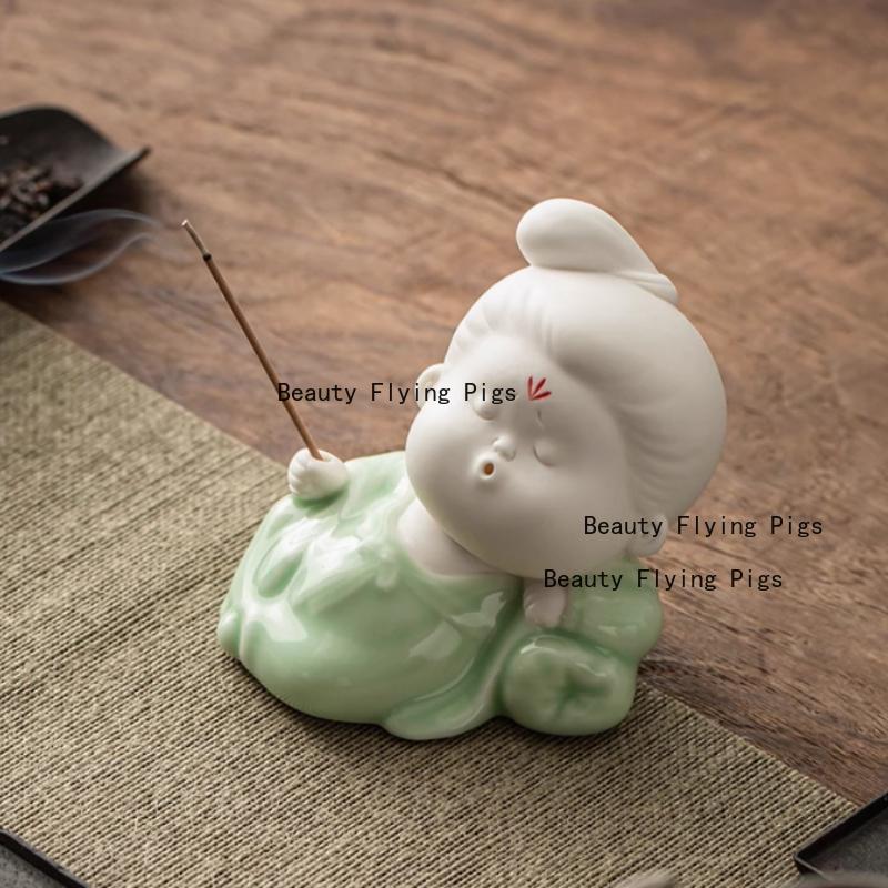 Ceramic small official women's ornaments Chinese style Home living room decoration Fragrant ornament Tea room desktop decoration