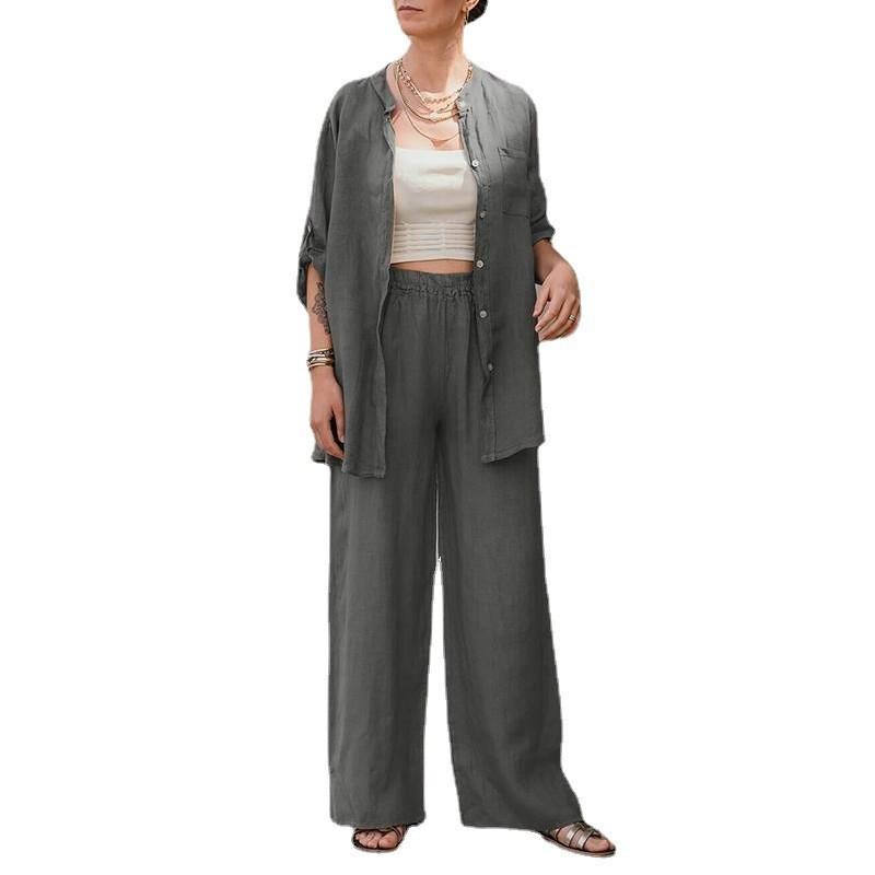 Women Linen Two Piece Set Button Down Shirt Wide Leg Pants Casual Loose Outfit S серый