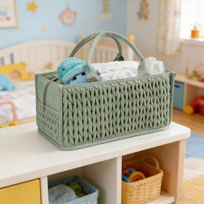 Braided Quilted Diaper Caddy Organizer Boho Nursery Storage Basket with Compartment Portable Handle Baby Wipes Diaper Bag Bin Newborn Essentials