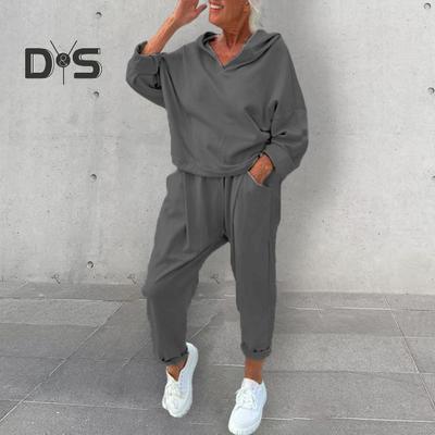 2 Teile/satz Frauen Frühling Herbst Top Hosen Set Mit Kapuze Reine Farbe Lange Ärmel Hoodie Elastische Taille Harem Hosen Sport Outfit Lässig trainingsanzug