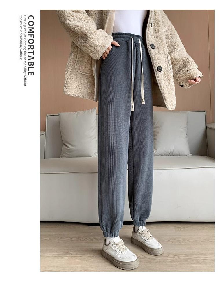 Petite Slimming Fleece-Lined Corduroy Joggers for Women - Cropped Drawstring Pants for Autumn/Winter Casual Sport