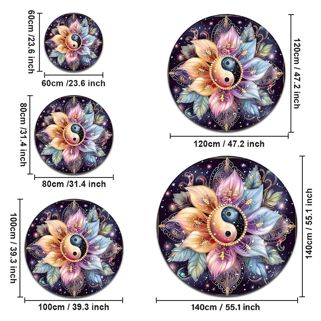 Tai Chi Yin Yang Lotus Round Rug, Colorful Non-Slip Fade-Resistant Circular Carpet for Bedroom and Living Room Decor