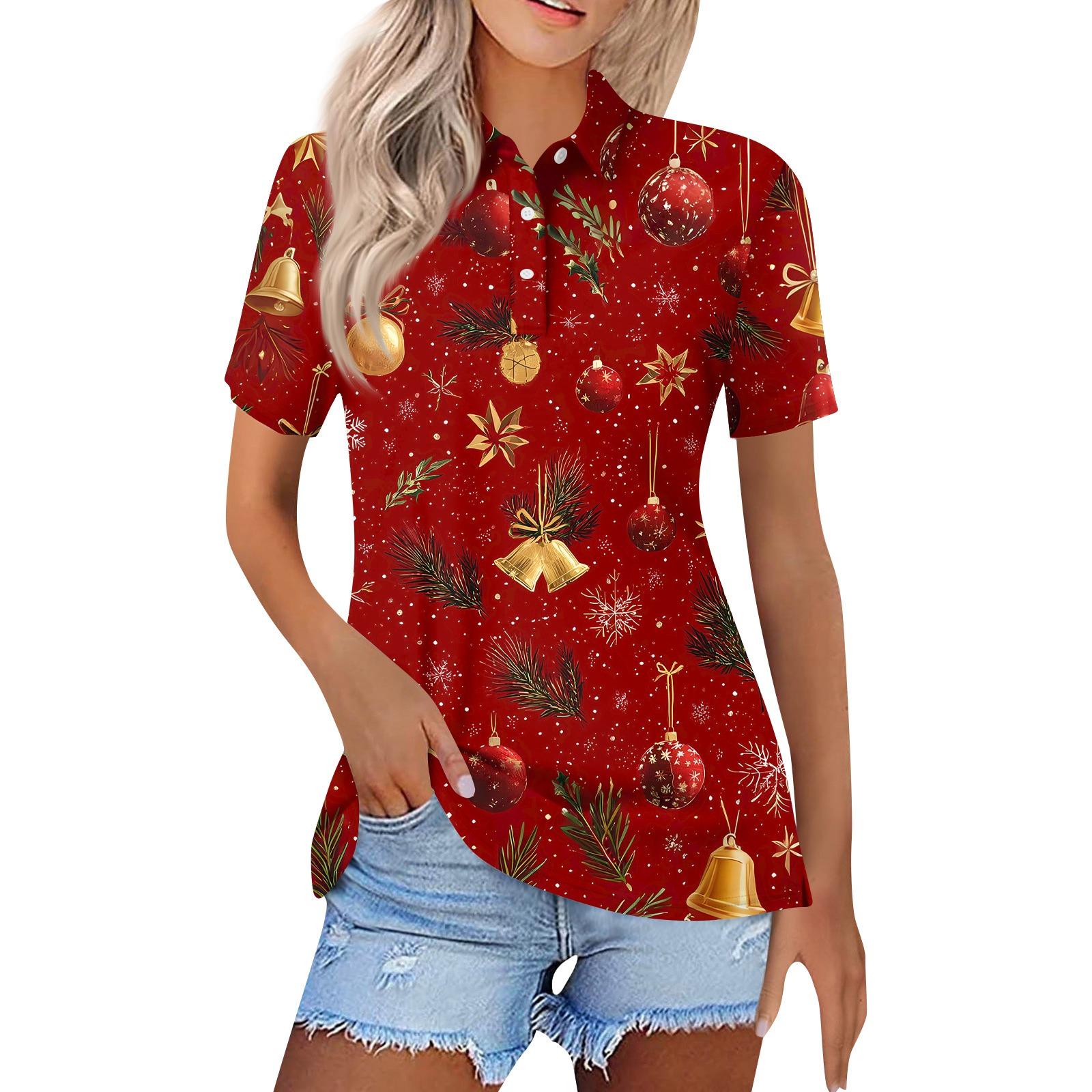 

Женская модная повседневная рубашка с лацканами и короткими рукавами с рождественским принтом, женские топы на пуговицах XL красный