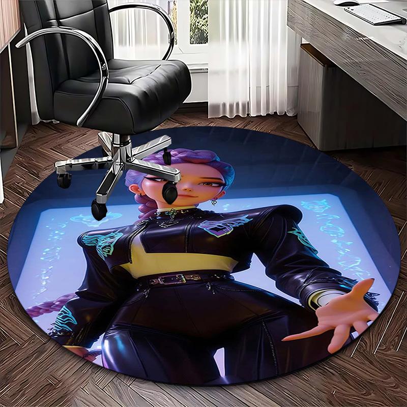 1pc Anime Design Round Carpet - Office Chair Mat with Purple Hair and Blue Floral Print, Suitable for Home Decor, Gaming Room