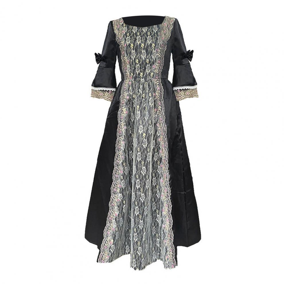 Women Performance Dress Stage Show Retro Royal Style Lace Bow Decor Bell Sleeve Patchwork A-line Hallowen Party Carnival Evening