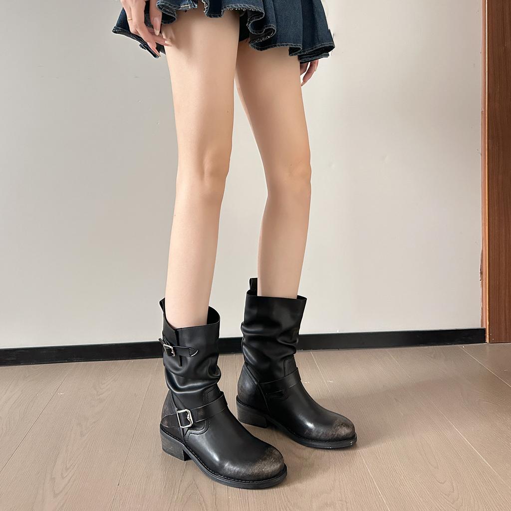 Vintage old fashion boots women's autumn and winter rubbing thick heel thick-soled knight boots belt buckle medium tube stacking boots
