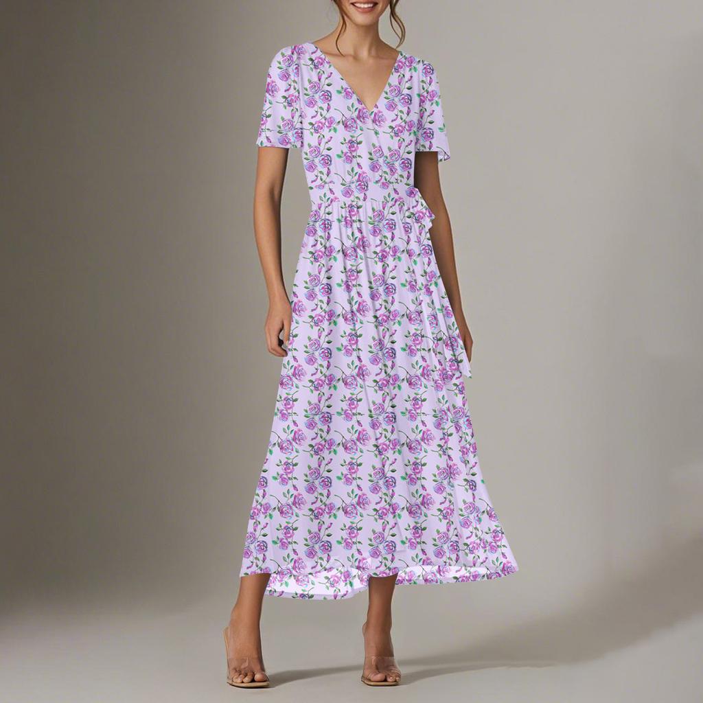 Women's Summer Floral Bohemian Dress Wrap V Neck Short Sleeves Ruffle A-Line Flowy Maxi Dress Summer Dresses For Women