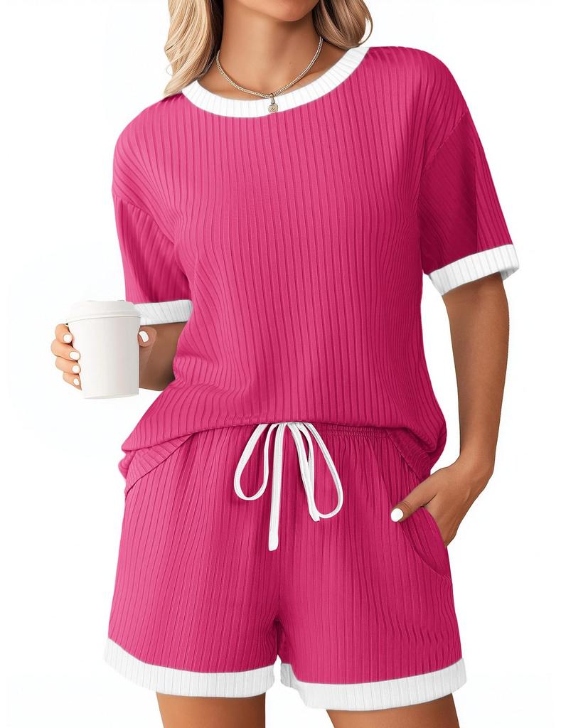 Women's Ribbed Short Sleeve Top and Shorts Set, Casual Loungewear with Contrast Trim, Multiple Color Options