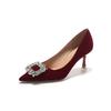 Fashion Pointed Rhinestone Square Buckle High Heels for Women Slim Heels Black Professional Single Shoes Wine Red Bridal Platform Heels