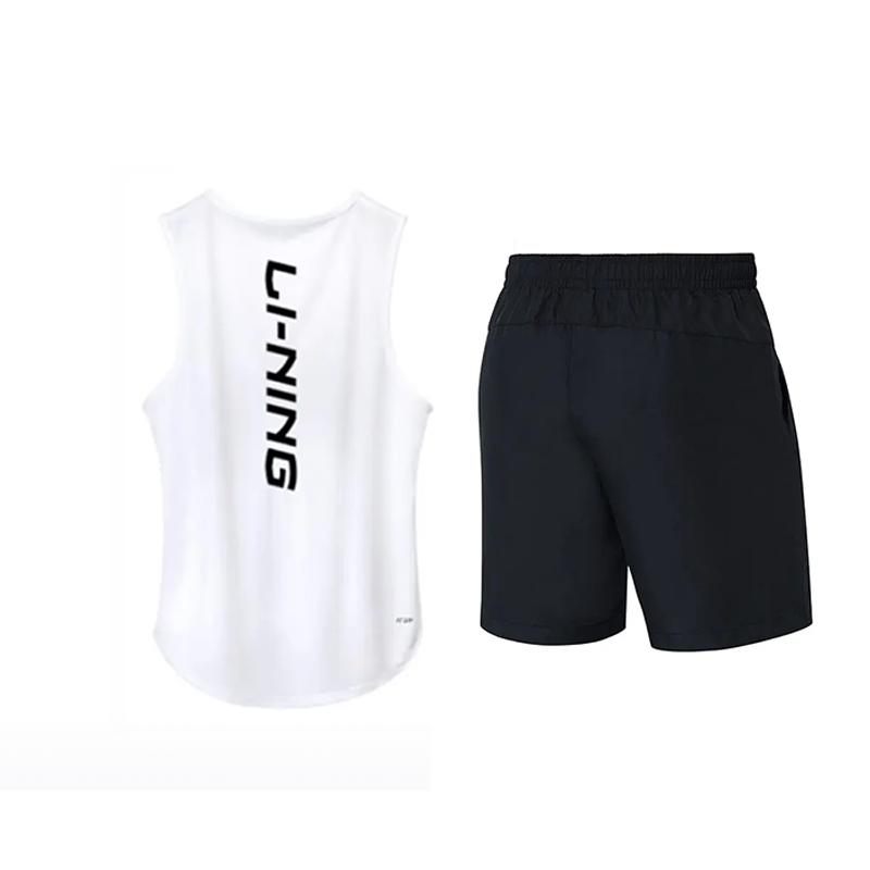 Li-Ning Comfortable Round Neck Pullover Simple Top Breathable Versatile Fashion Five-Point Shorts Casual Sports Set YVSV021-1+YKST119-1