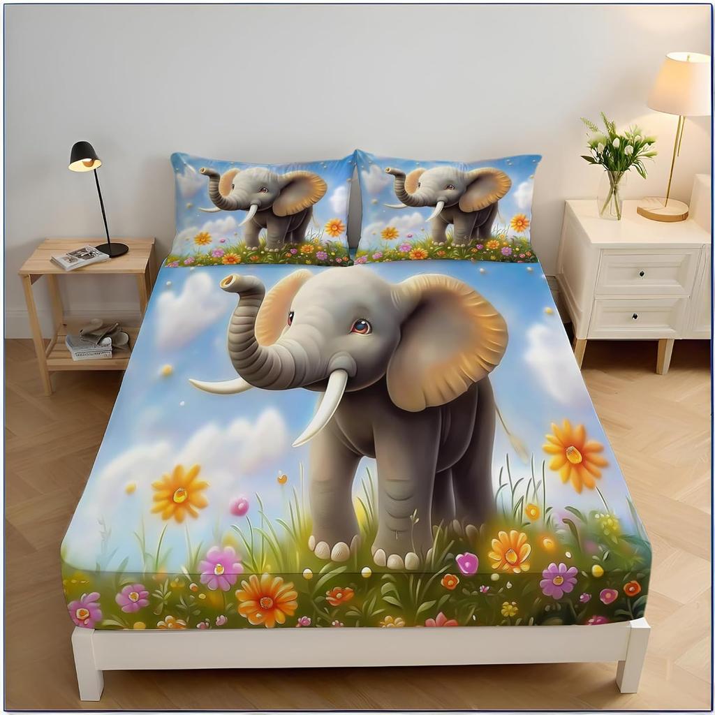 Elephants Fitted Sheet, African Landscape Bedding Set, Bed Sheets Room Decor For Teens Boys Girls,3 Piece Bedding Decor Set