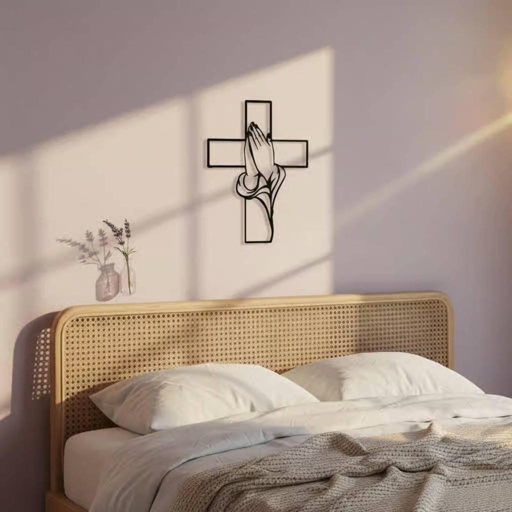 Praying Hands Cross Open Frame Metal Belief Wall Hanging Minimalist Prayer