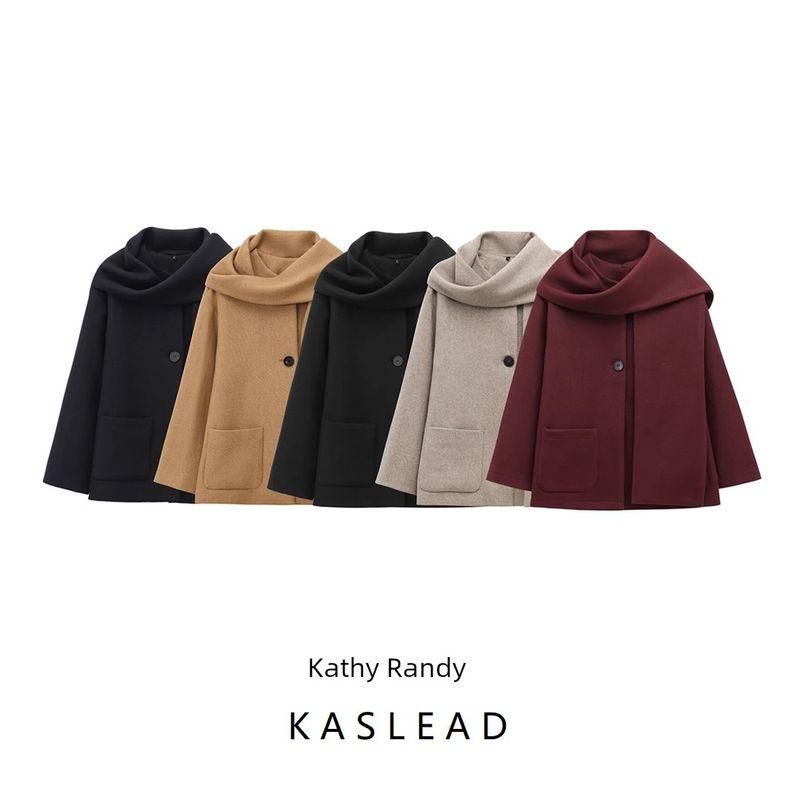 Kaslead New Arrival Women's Fashion Style Blended Scarf Round Neck Long Sleeves Coat Outwear 2095141