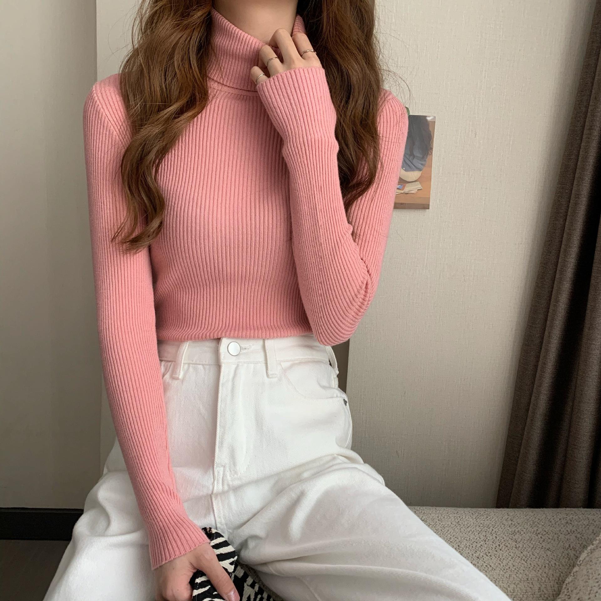 

Зимняя водолазка, женский свитер, вязаный пуловер, мягкий тонкий топ с длинными рукавами, однотонный базовый джемпер с высоким воротом, женская одежда One Size розовый