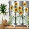 Country Sunflower Theme Waterproof Shower Curtain Wood Texture Barn Door Design Rustic Farmhouse Vintage Style Bathroom Decor