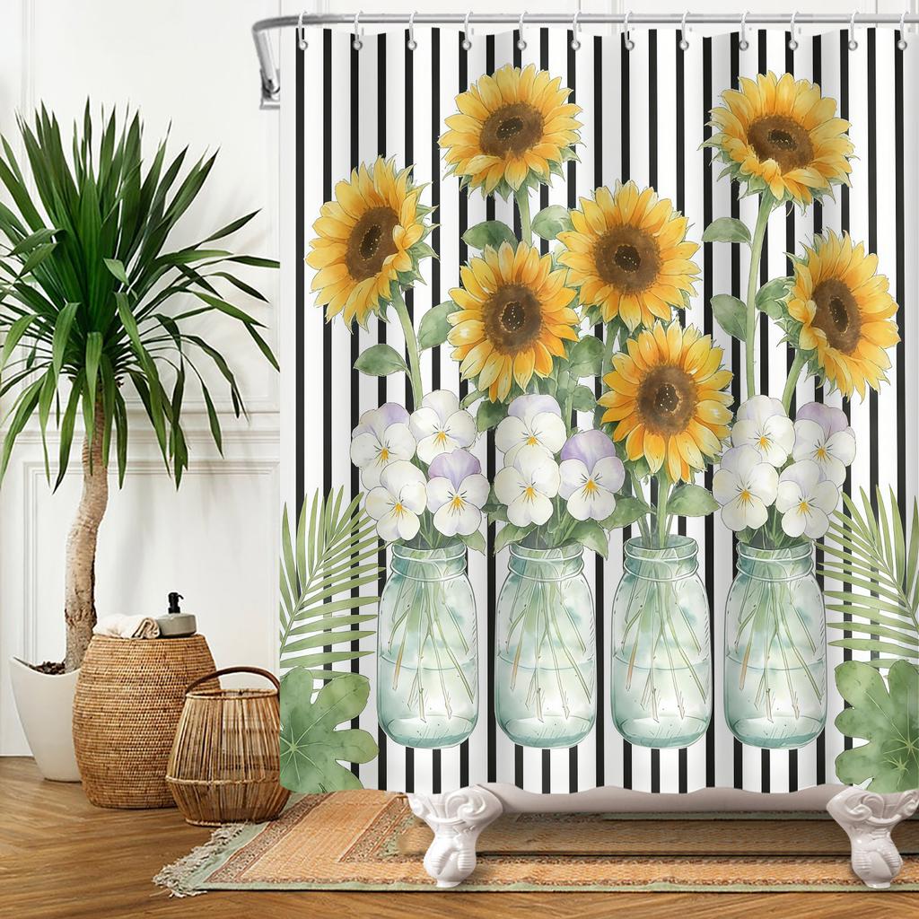 Country Sunflower Theme Waterproof Shower Curtain Wood Texture Barn Door Design Rustic Farmhouse Vintage Style Bathroom Decor