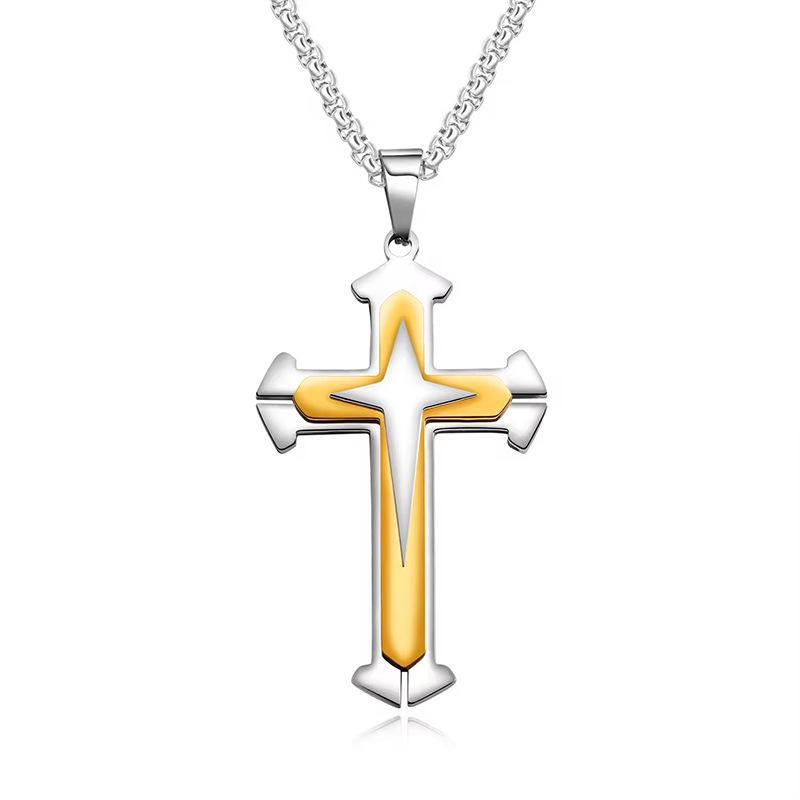 Titanium Stainless Steel Cross Necklace with Rhinestones - Men's Bold Fashion Accessory