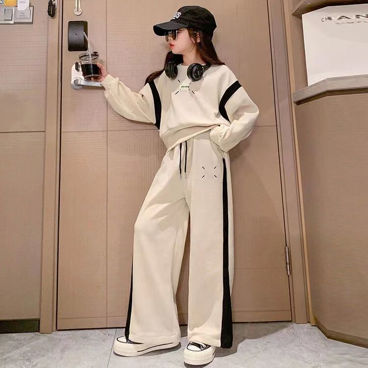 סטים לבגדי בנות לילדות אביב וסתיו קפוצ'ון עם שרוולים ארוכים מכנסיים רחבים חליפות בגדים לילדים 6 8 10 12 14 שנים