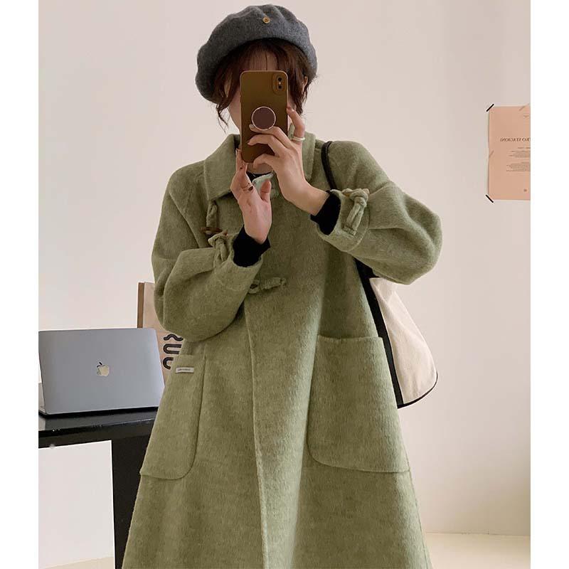 Autumn and winter new woolen coat women's horn buckle thickened high-end medium and long double-sided cashmere coat