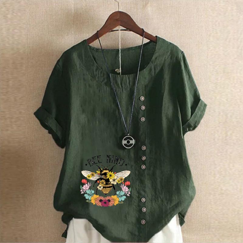 Women's Fashion Bee Flowers Prined Short Sleeve T-shirt Loose Cotton Shirt Casual Loose Summer Blouse Tops Plus Size