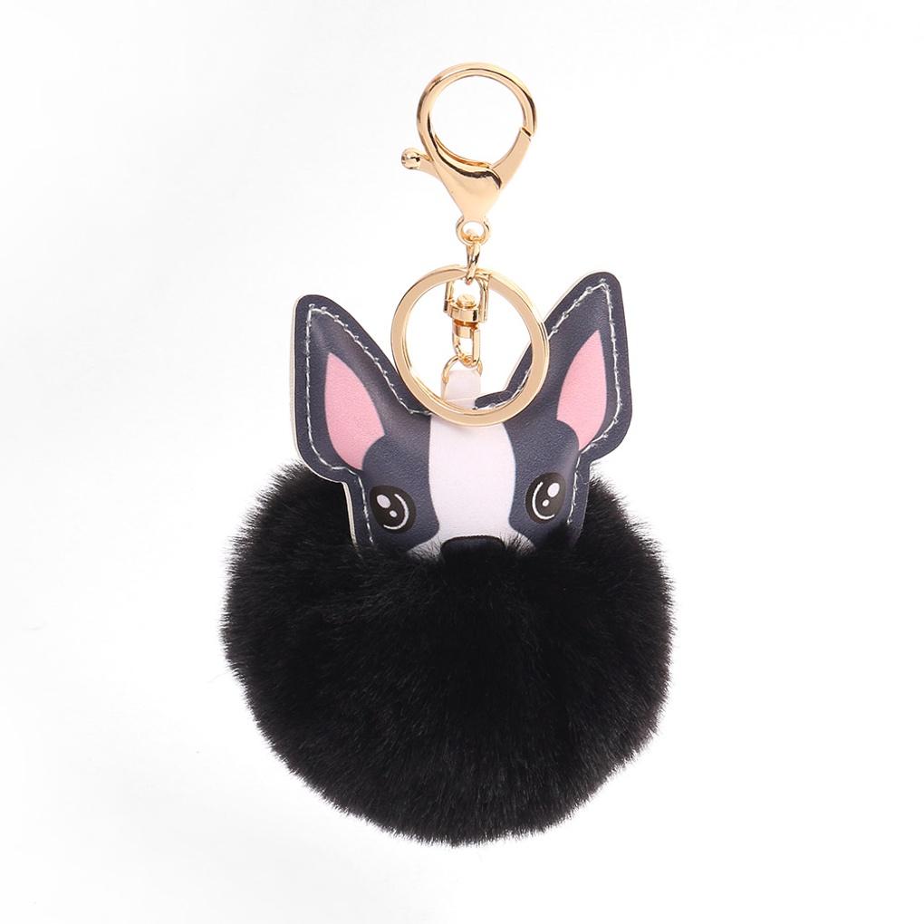 Bulldog Pom Pom Keyring (Black) Bag Decoration Car Perky Ring