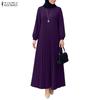 ZANZEA Women Round Neck Long Sleeve Casual Pleated Long Dress
