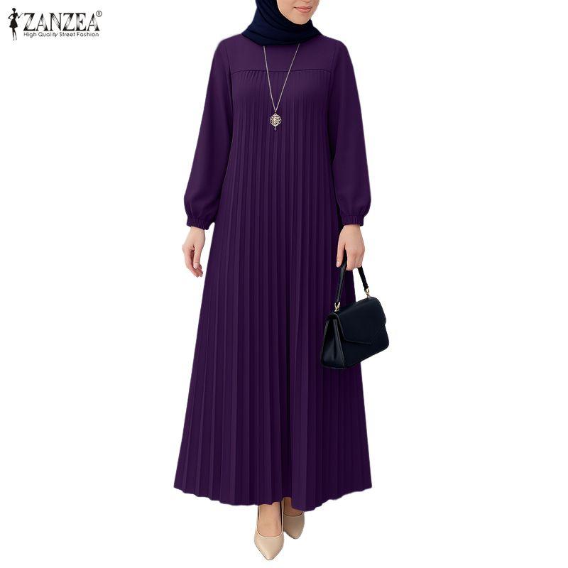 ZANZEA Women Round Neck Long Sleeve Casual Pleated Long Dress