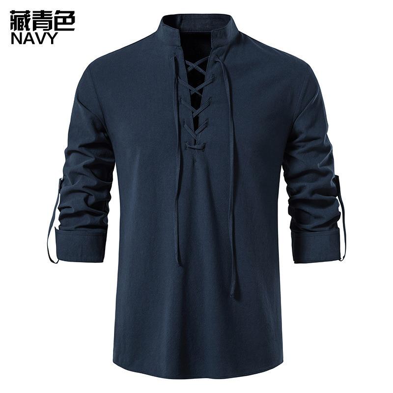 Mens Stand Collar Long Sleeve Casual Solid Cotton Henley Shirt