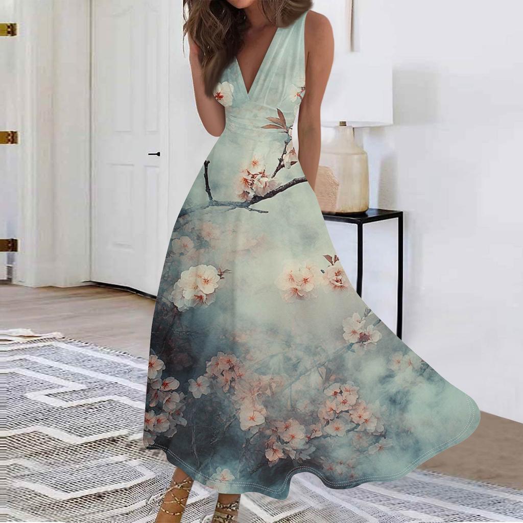 Mote dame avslappet løs V-hals ermeløs trykt kjole