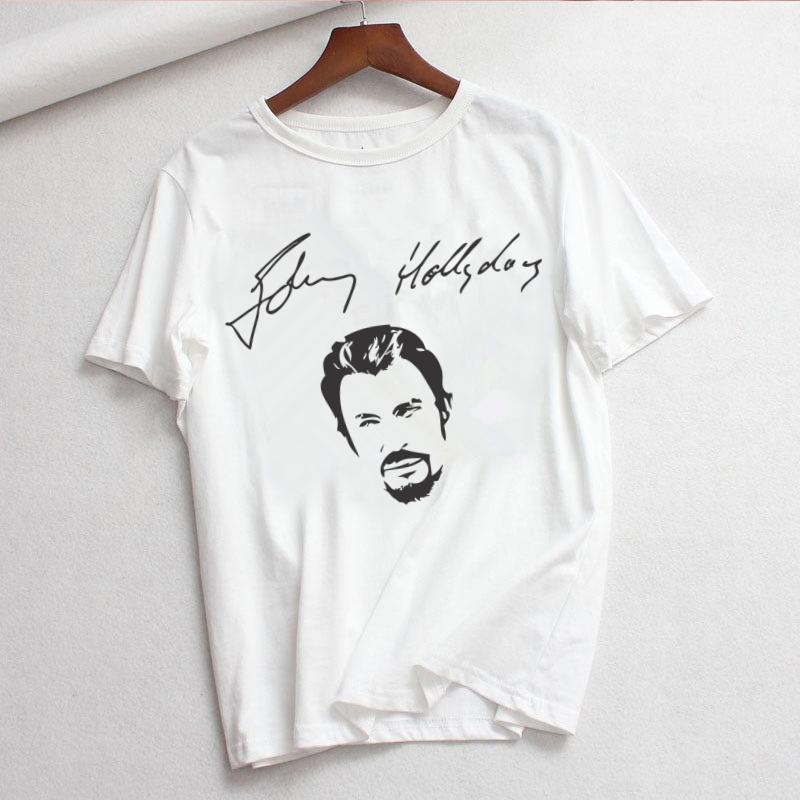 Johnny Hallyday Print T Shirt Women White and Black Shirts Fashion Round Neck Short Sleeve Cotton TShirt