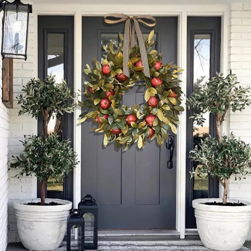 Artificial  Pomegranate  Wreath Bowknot Pomegranate And Leaf Thanksgiving Farmhouse Front Door Decor