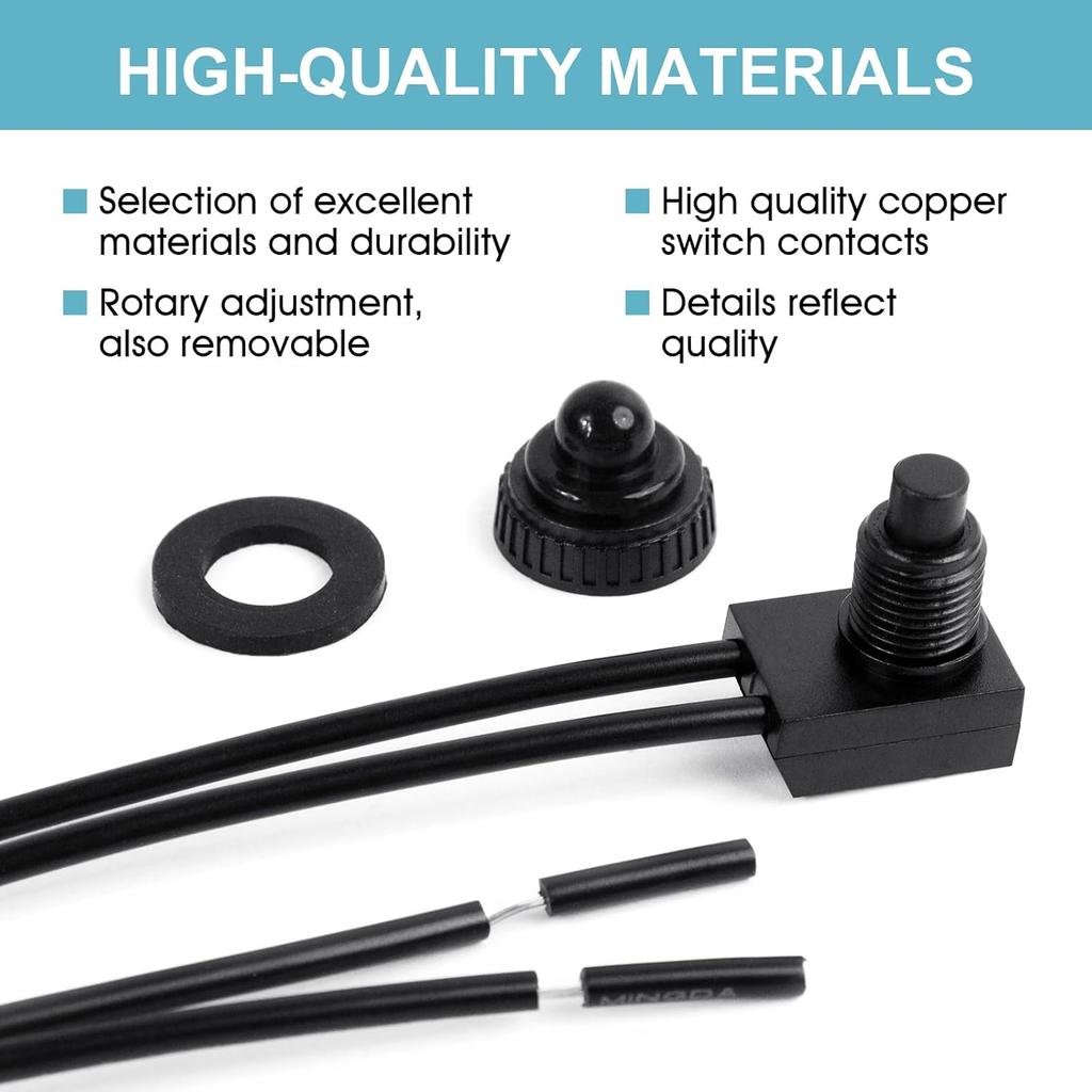 Waterproof Push Button Switch 12V ON/Off SPST Switch with 4.5''Lines KP-107 for Motorcycle Car Boat Bathroom Fan (2 Pack)