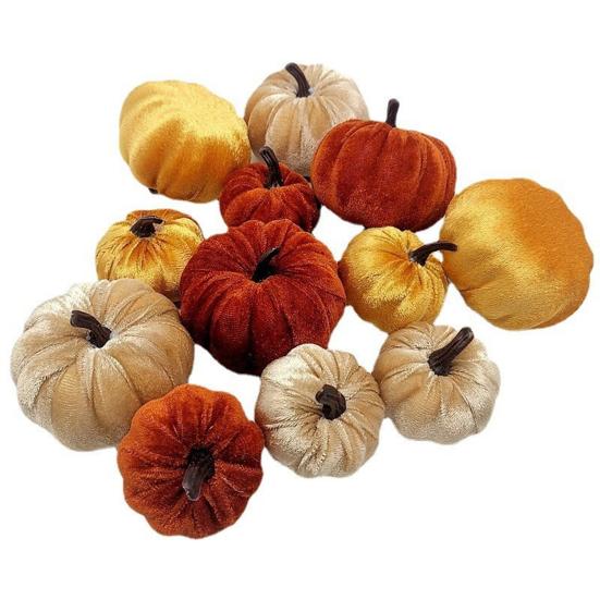 12 Pcs Velvet Foam Pumpkins Simulated Soft Reusable Ultra-light Fall Harvest Thanksgiving Halloween Decoration