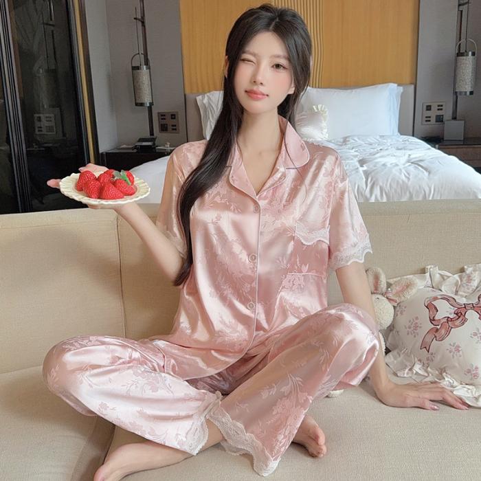 

Женские пижамы, комплекты для отдыха, лето, осень, кружевной жаккардовый пижамный комплект с отложным воротником, искусственный шелк, атлас, короткий рукав, женская пижама, домашняя одежда L