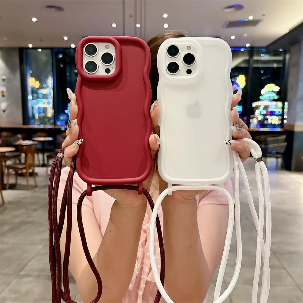 Crossbody Adjustable Lanyard Phone Case for IPhone 16 Pro Max 15 14 13 Wave Edge Necklace Strap Rope Soft Silicone Cover