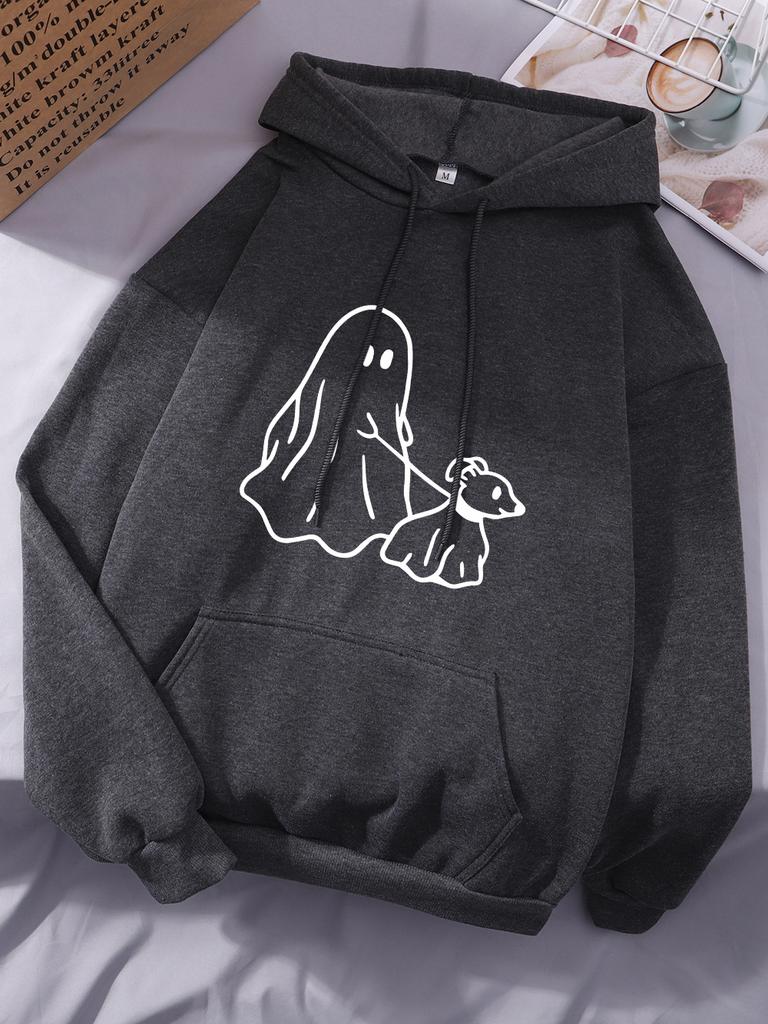 Little Devil Leading Dog Printing Hoodies Women Comfortable Pocket Hooded Winter Fleece Warm Tops Basics Sporty Woman Clothes
