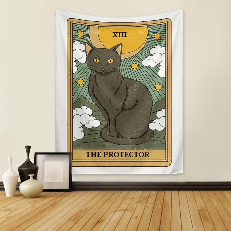 Tarot Cat Tapestry Moon Phase Sun Universe Starry Sky Tapestry Cute Cat Wall Art Decor