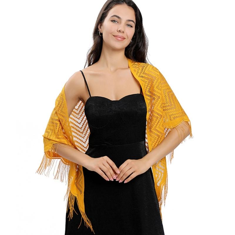 Women's Triangle Lace Shawl with Tassels Waved Shoulder Wrap Shawl Scarf for Bridal Gowns and Evening Parties